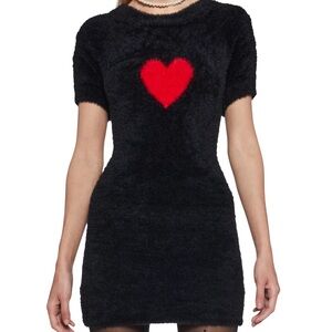 Dolls Kill Black Fuzzy Dress with Red Heart